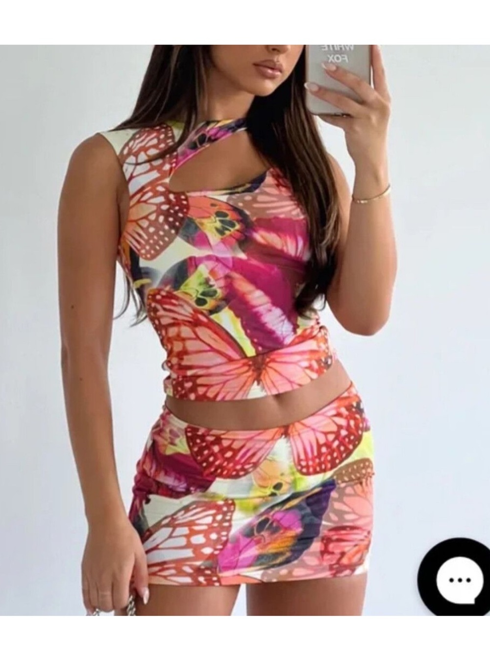 White Fox Butterfly Print Tank & Mini Skirt Set - Pink/Orange/Yellow